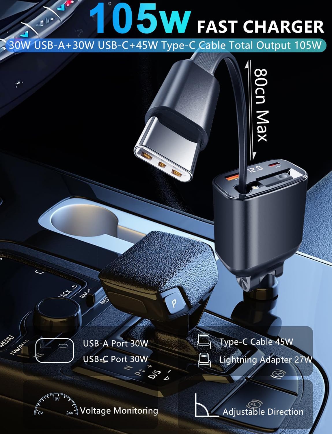 TRAHOORetractable Car Charger [105W USB C Car Charger Adapter], 4 in 1