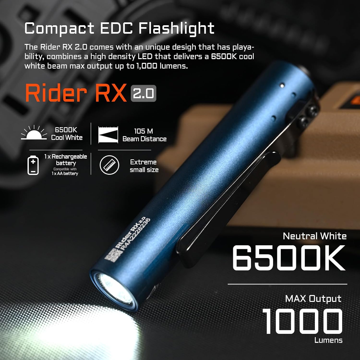 TRAHOORider RX 1000 High Lumens EDC AA Flashlight Rechargeable, Pocket