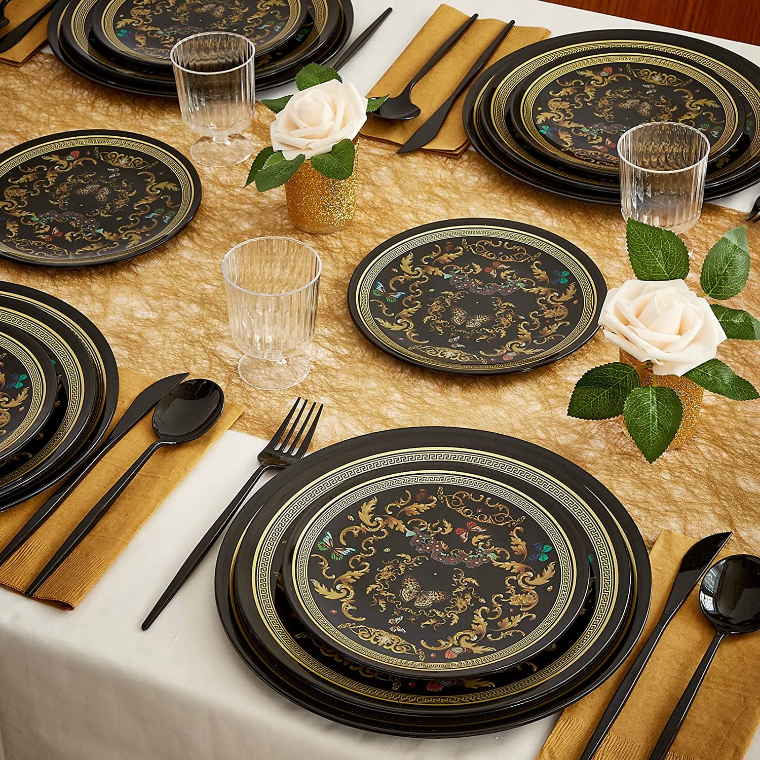 TRAHOOSILVER SPOONS Black and Gold Plastic Dinner Plates for Party (10
