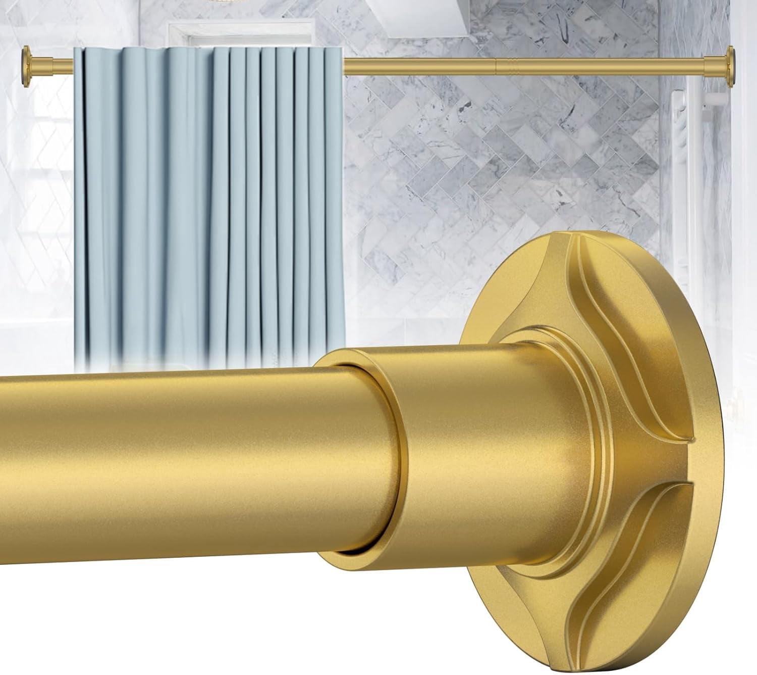TRAHOO-Shower Curtain Rod, Curtain Rods No Drilling Gold Shower Curtain Rod 32"-68" Spring Loaded Shower Tension Rod Rust Proof for Bathroom Shower Stall RV Closet