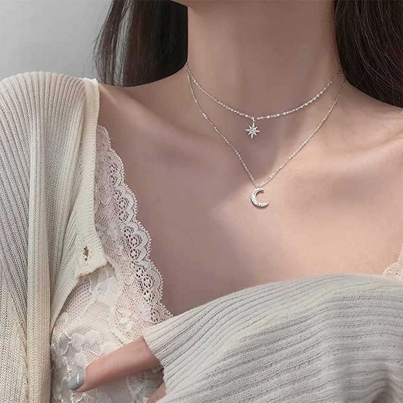 TRAHOO-Silver Sparkling Layered Necklaces For Women Star Moon Choker Necklace for Women Layering Chain Choker