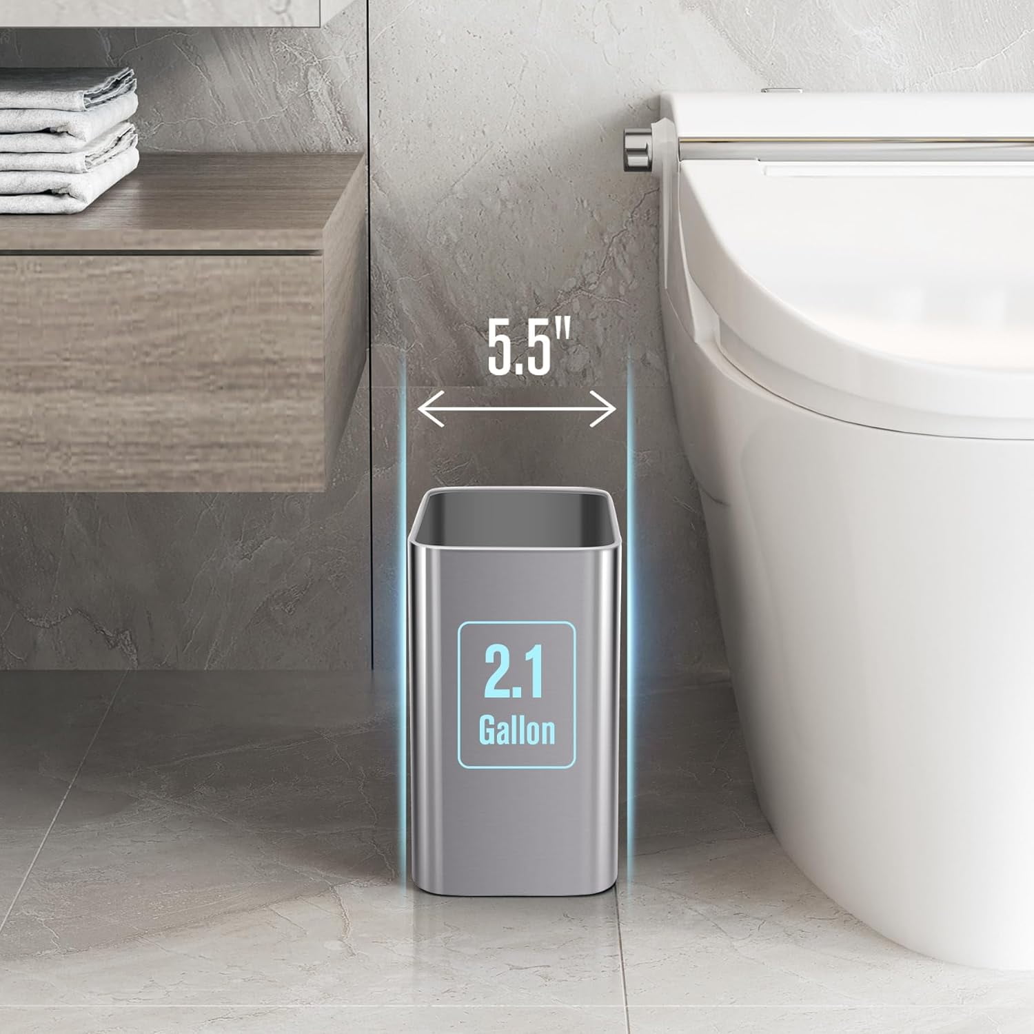 TRAHOO-Small Bathroom Trash Can 2.1 Gallon Wastebasket, Modern Metal ...
