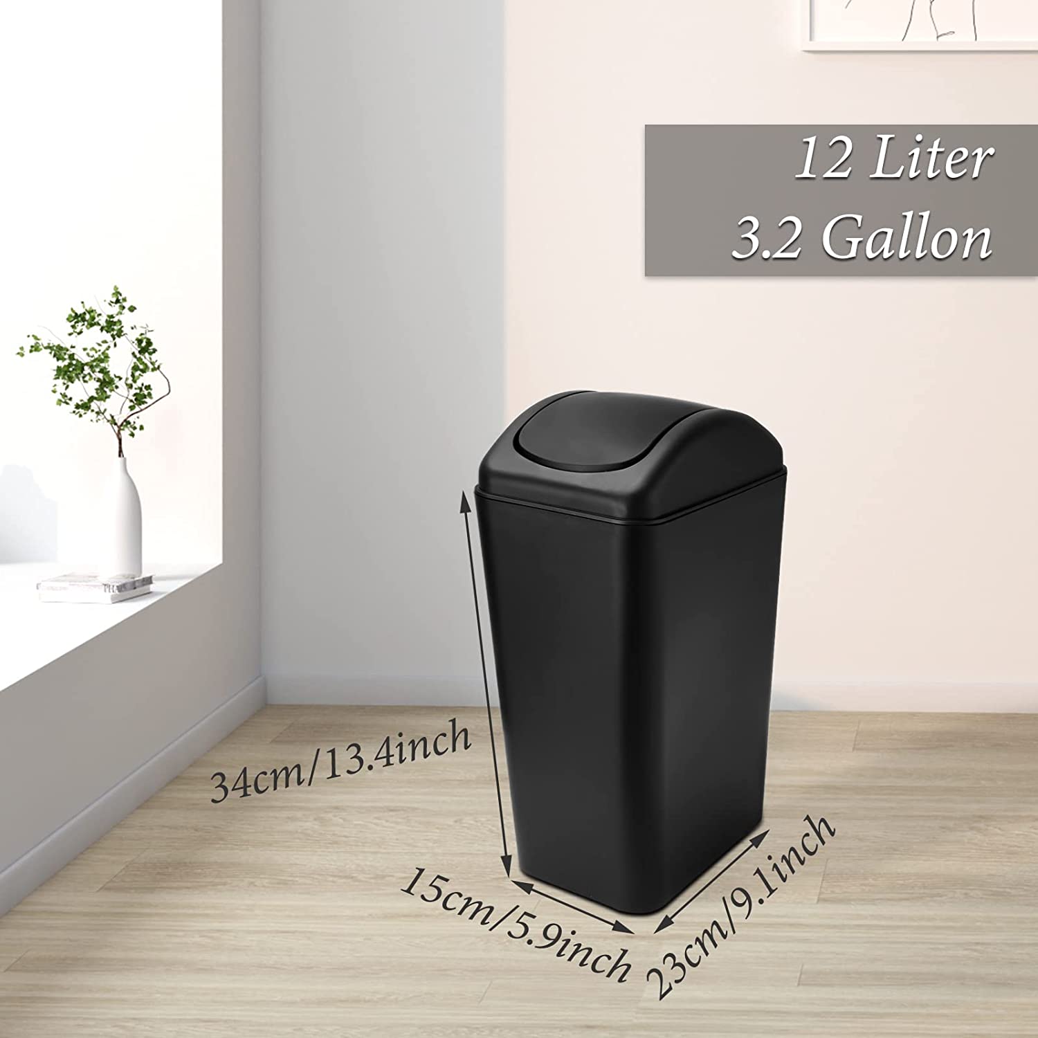 TRAHOOSmall Lidded Trash Can, 12 Liter/3 Gallon Black Plastic Garbage