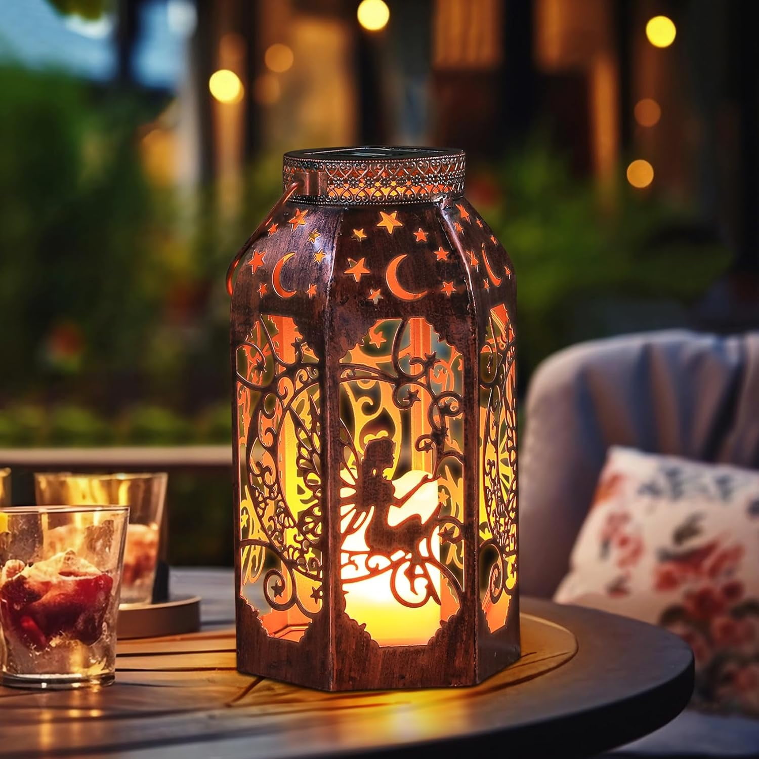 Black Metal Solar-Powered Flameless LED Lantern with Fairy Design