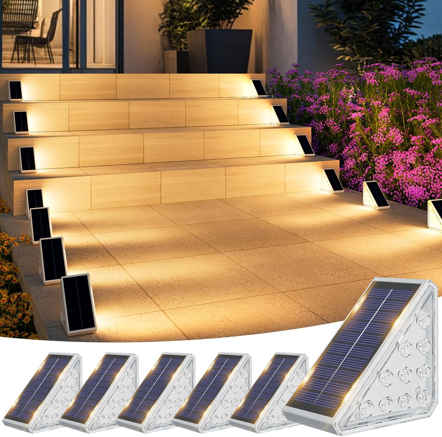 Solar Step Lights, 8 Pack Solar Stair Lights Outdoor Waterproof, Warm White/7 RGB Colors LED Outdoor Deck Light, Outside Lighting Decor For Garden Stair, Deck, Front Step, Front Porch, And Patio