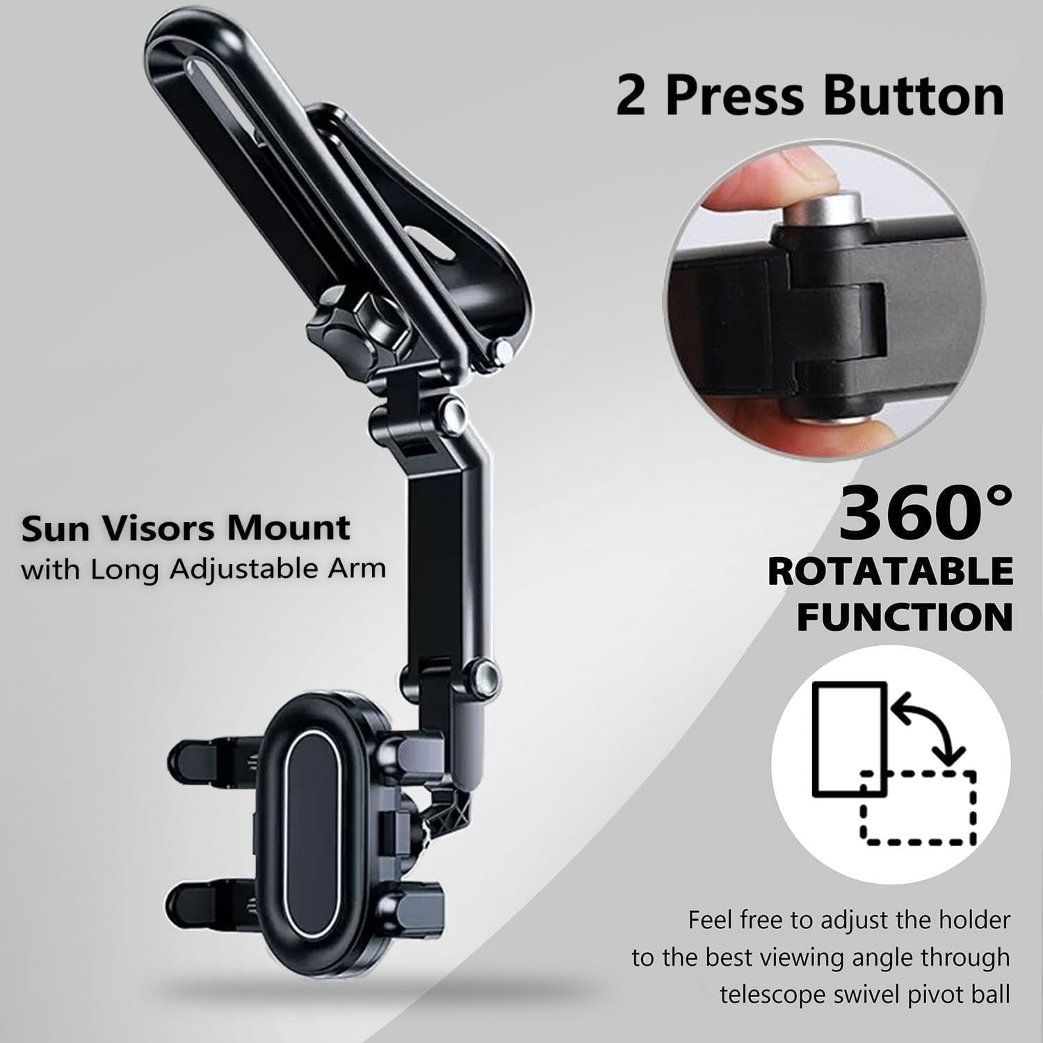 TRAHOO-Sun Visor Car Phone Holder, Rotatable and Retractable Car Phone Holder, Sun Visor/Rearview Mirror/Desk/Kitchen Car Cell Phone Mount with Adjustable Arm for Most Phone