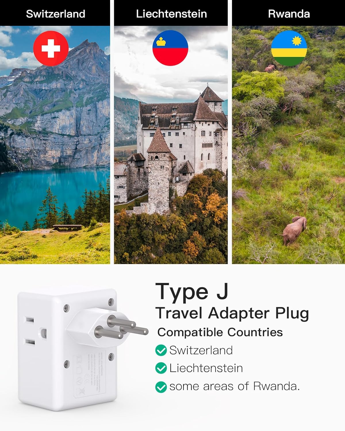 TRAHOOSwitzerland Travel Plug Adapter, Swiss Outlet Adapter with 3