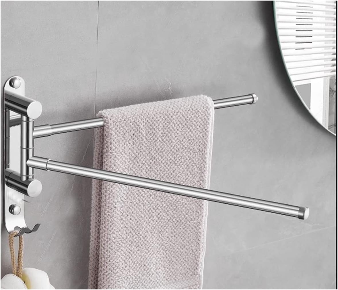 3-Arm Swivel Towel Rack - Wall Mount Beige Space Saving Towel Holder With Hooks For Bathroom & Kitchen