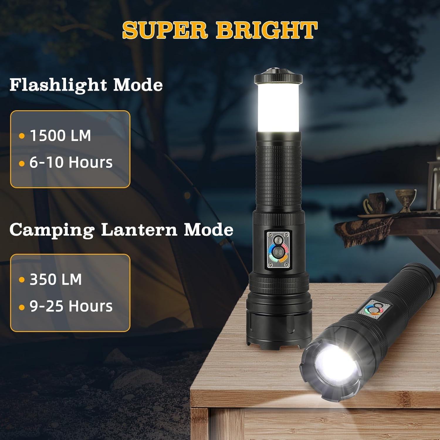 TRAHOOTactical Flashlight 1500 Lumens with Camping Lantern, Zoomable