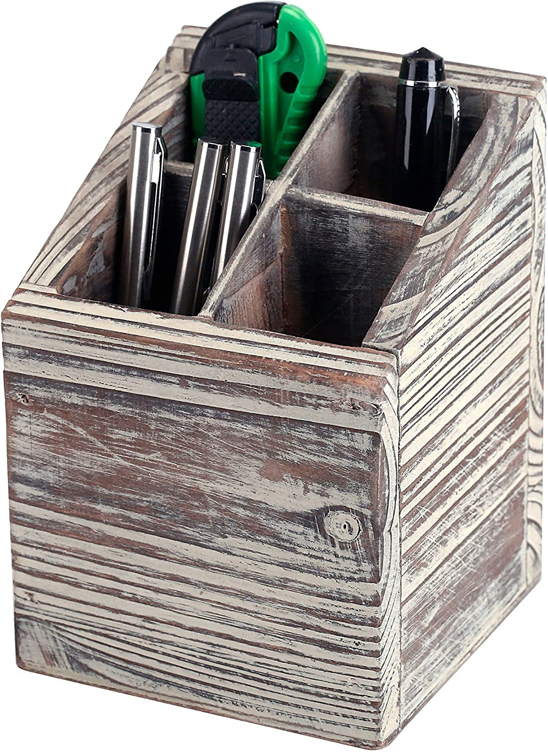 TRAHOOTorched Brown Wood Desktop Caddy with 4 Compartments, Cubed