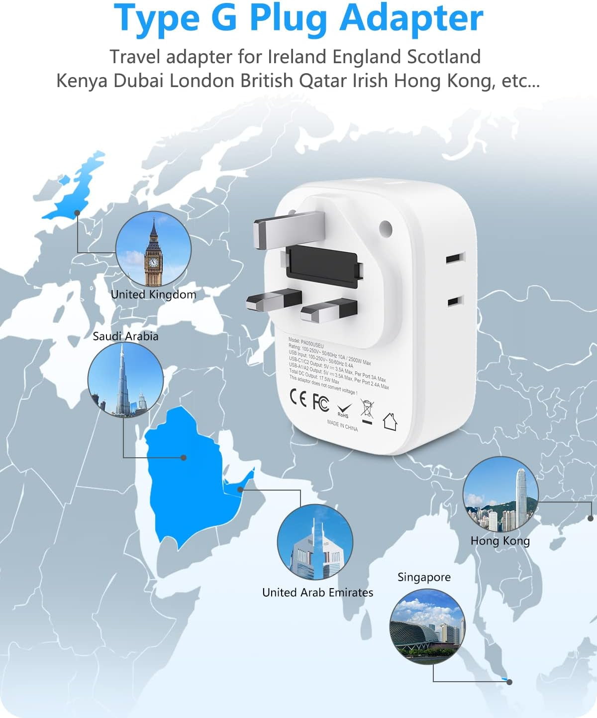TRAHOOUS to UK Ireland Travel Plug Adapter, Grounded Type G Outlet