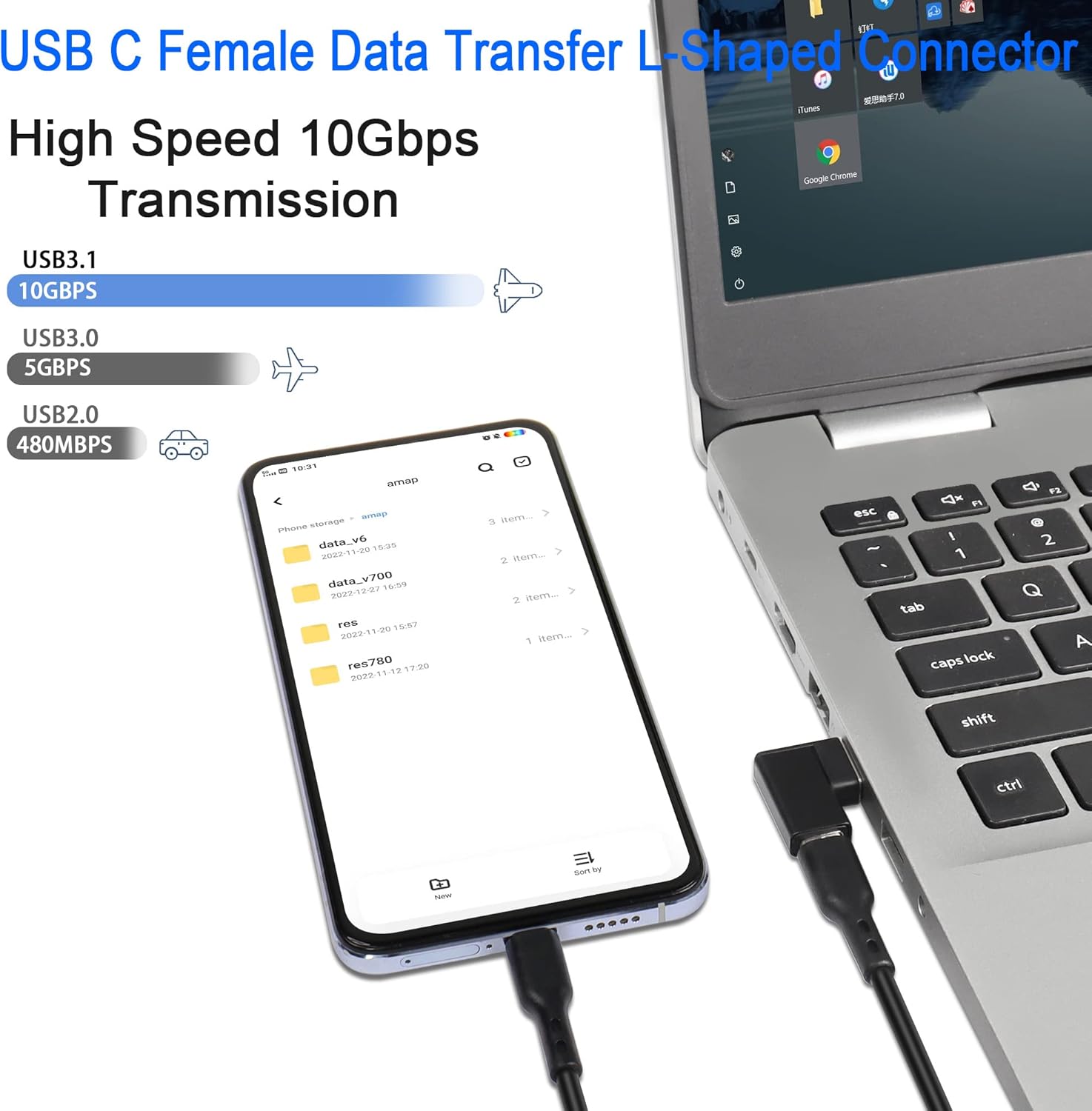 TRAHOOUSB 3.1 to USB C 90° Angle Adapter 10Gbps USB A Male to Type C