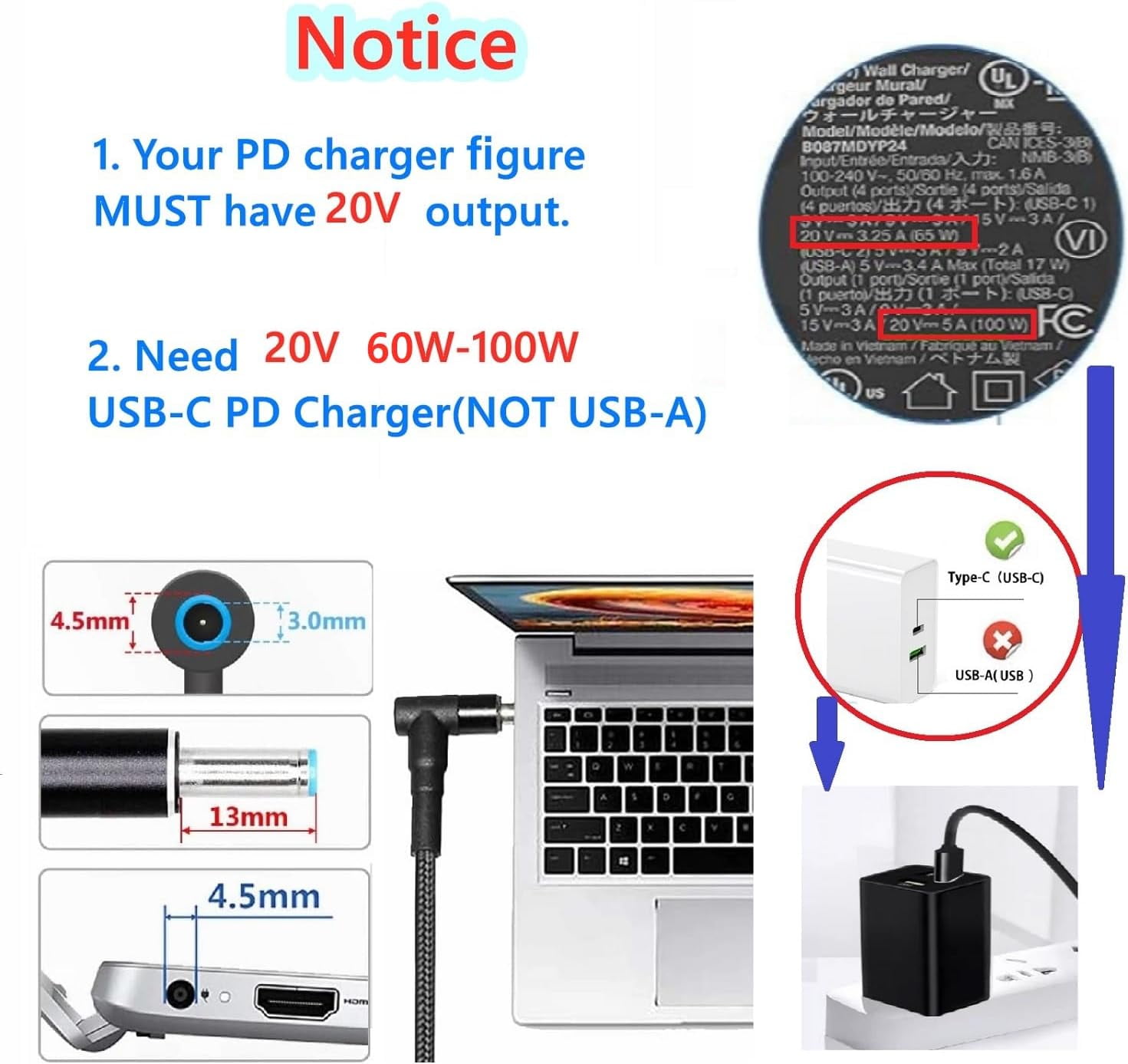 TRAHOOUSB C to 4.5mm Laptop Charging Cable, USB Type C Male to DC 4.5