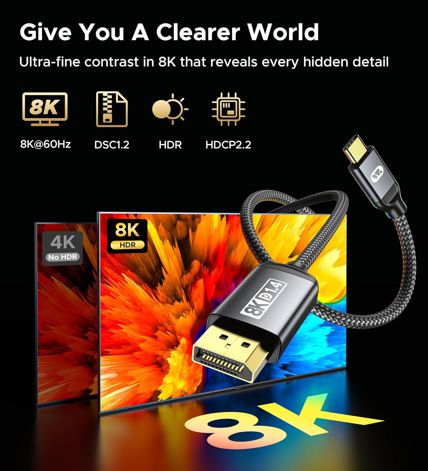 TRAHOOUSB C to DisplayPort 1.4 Cable 10FT 8K60Hz, 4K240Hz/144Hz