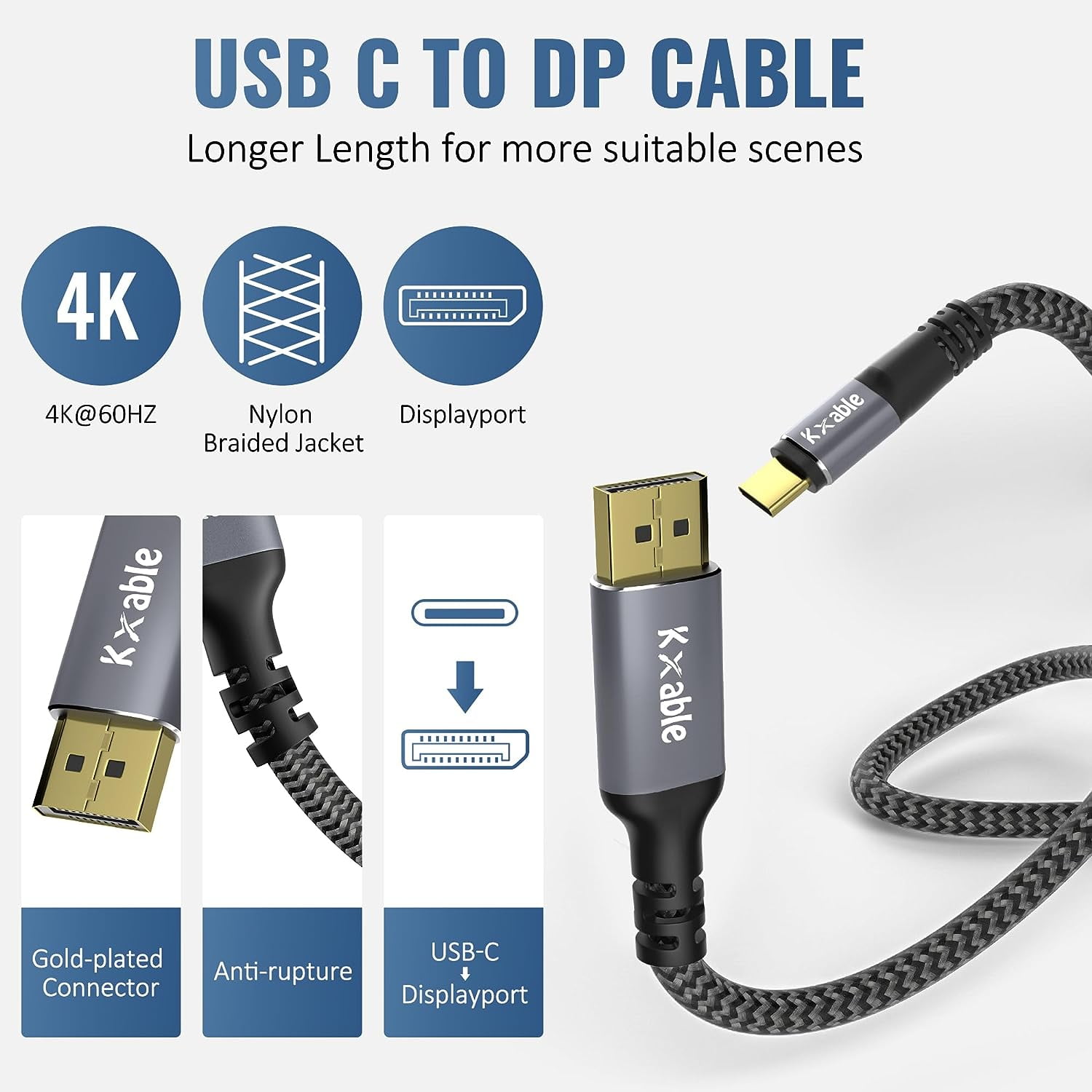 Adoreen 25ft DisplayPort 1.2 Cable - Braided, 4K@60Hz, 2K@120Hz, For Gaming Monitor, PC