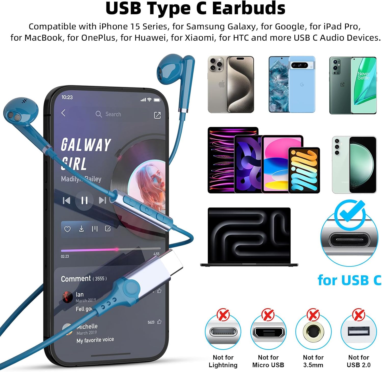 TRAHOOUSB C Headphone for Samsung S24 Ultra S23 A35 Flip6 5 S22 A54