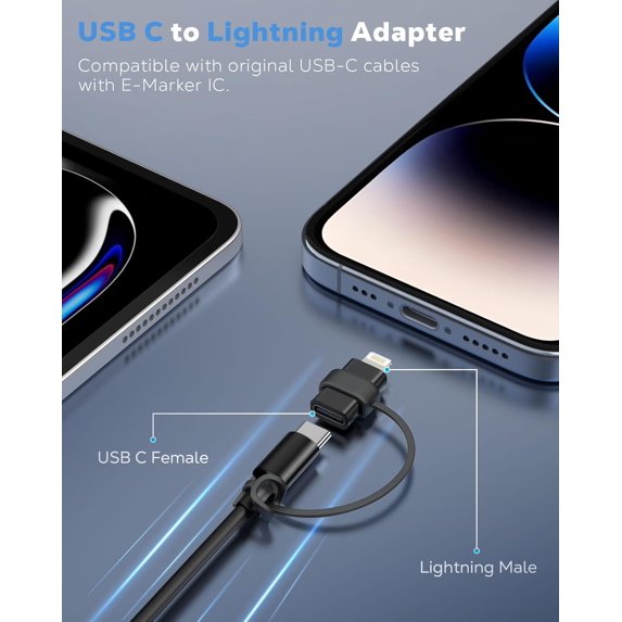 TRAHOO-USB C to Lightning Adapter, Not for Audio/OTG, Lightning Male to USB C Female Adapter for iPhone 14/13/12/11/X Series, iPad/AirPods, Support Charging & Data Sync, with Anti-Lost Loop, Black