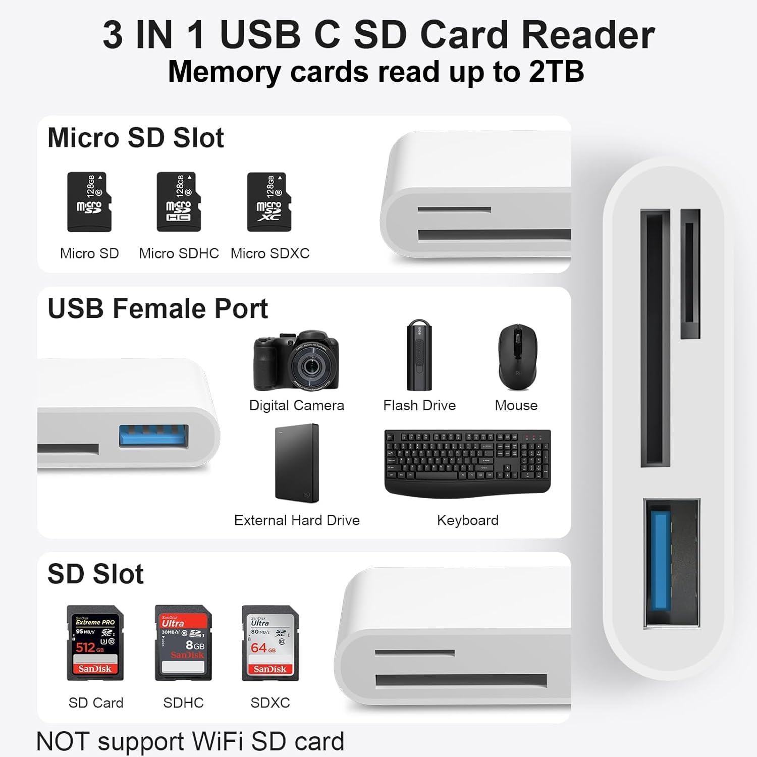 TRAHOO-USB C SD Card Reader 3 in 1 Type C USB Camera Card Reader ...