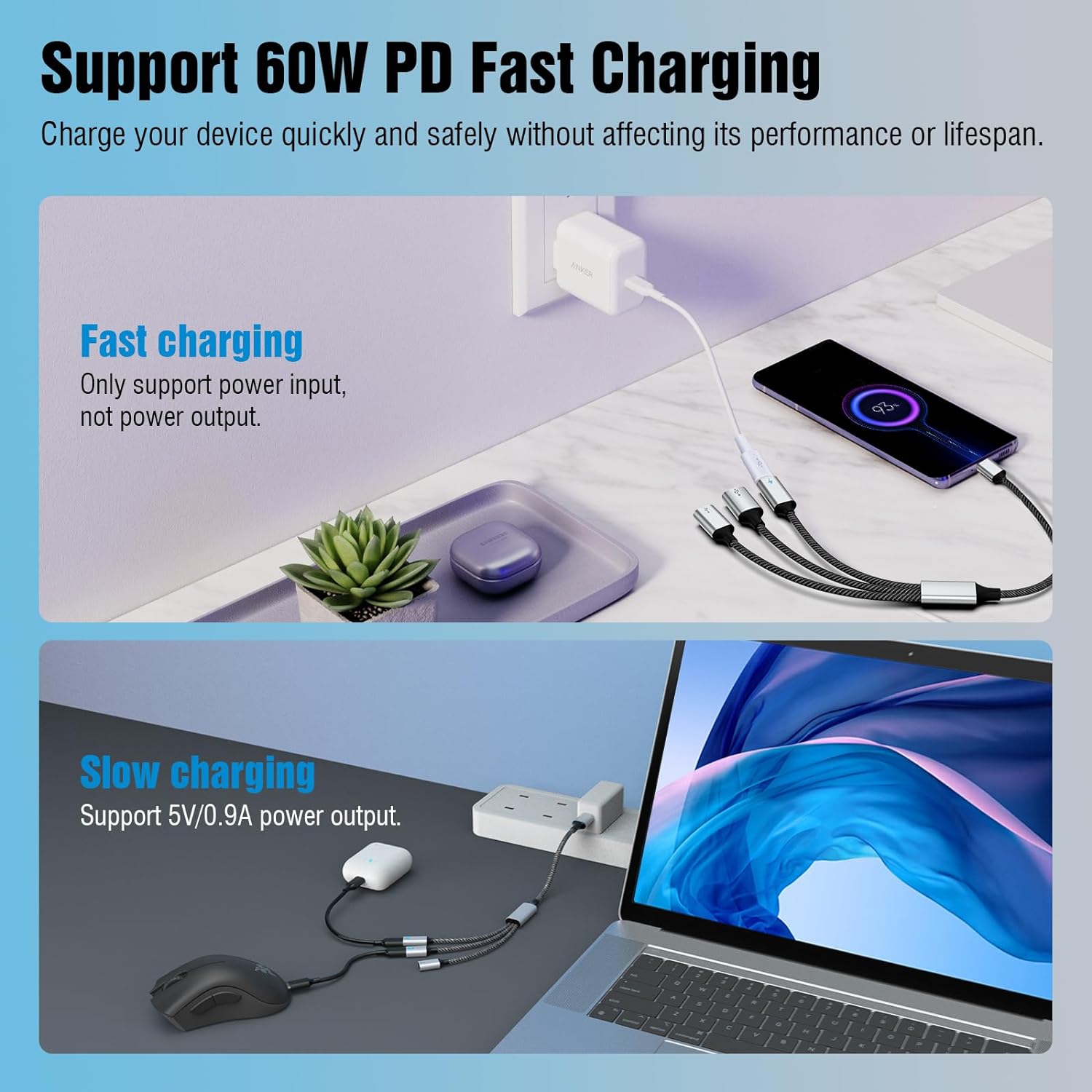 TRAHOOUSB C Splitter Adapter Y Cable, USBC Male to 2 USBC Female & 1