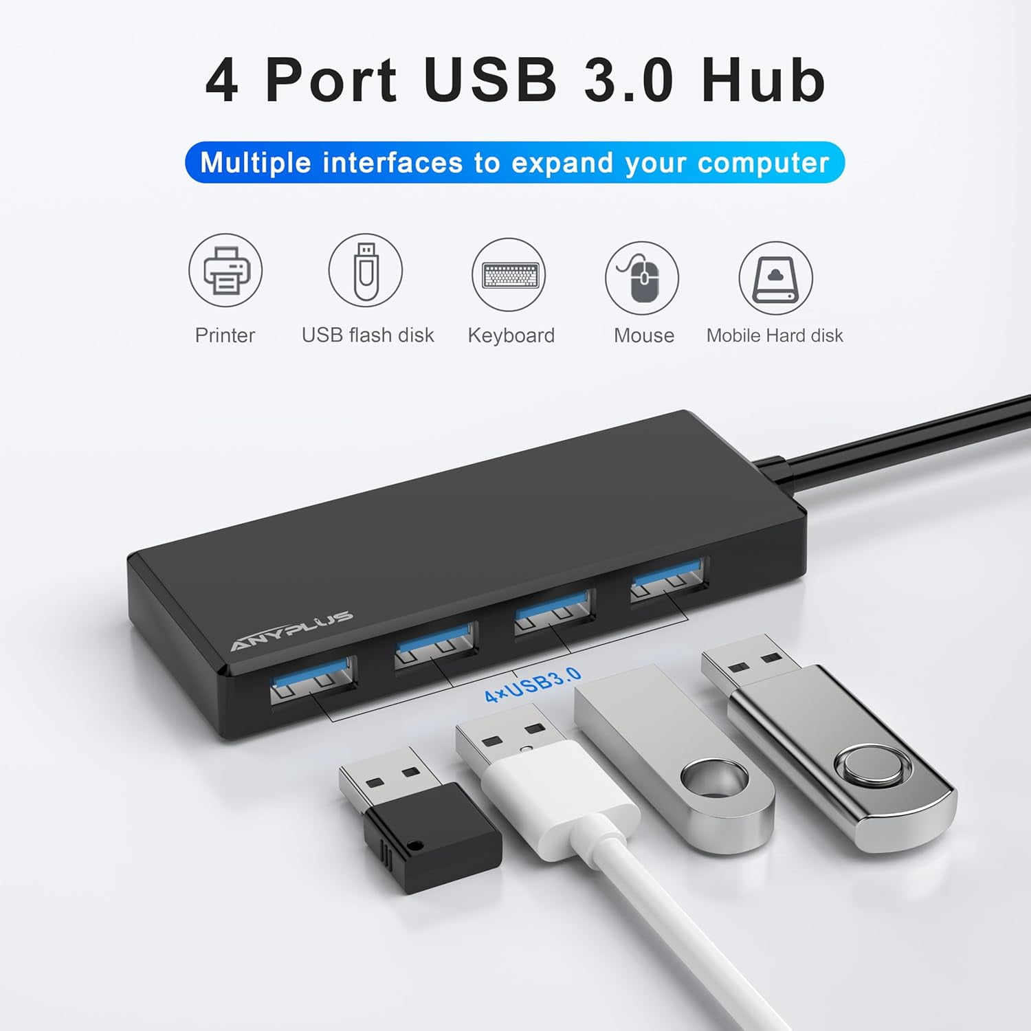 TRAHOOUSB Hub, Multiport USB Splitter Adapter, 0.8ft Portable Slim USB