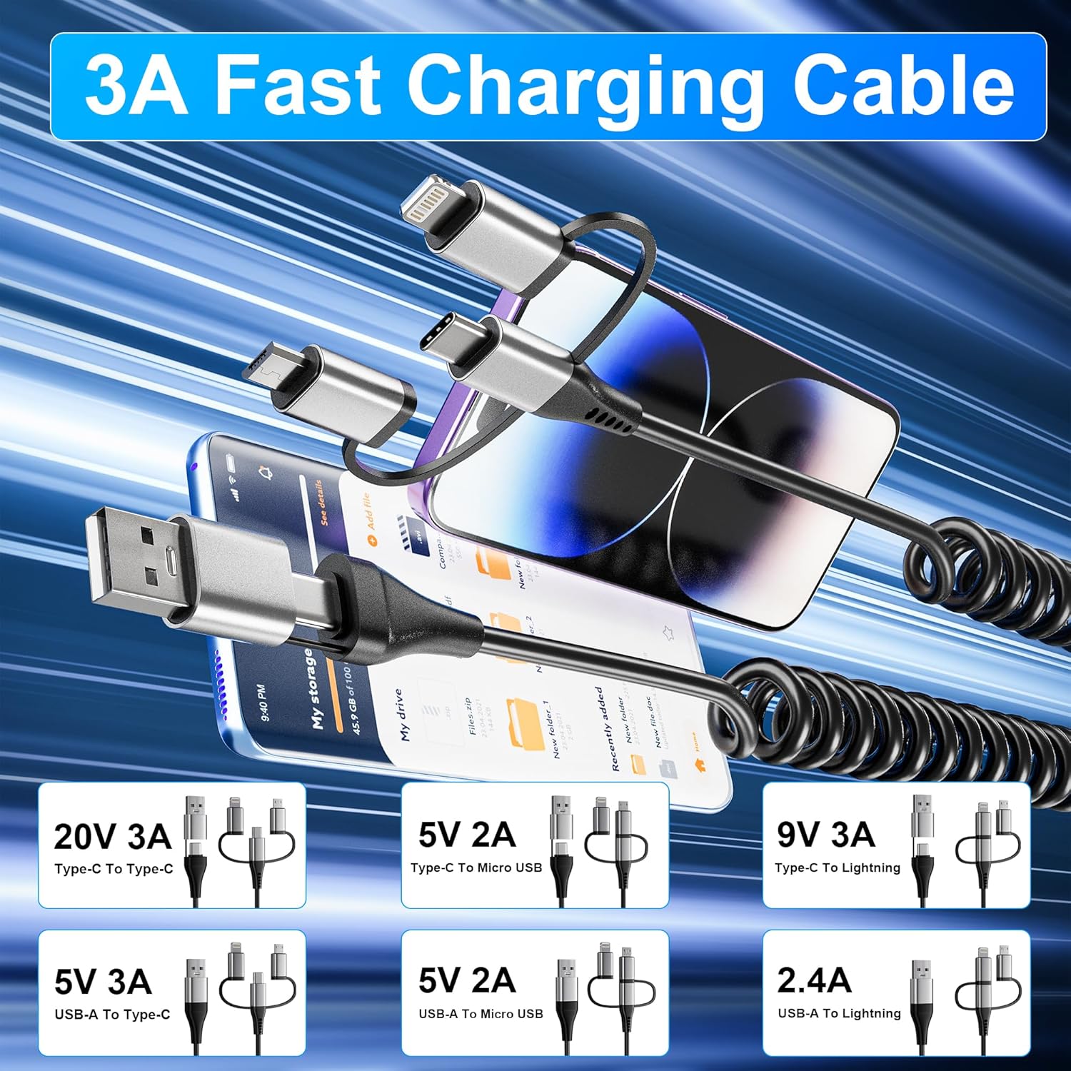 TRAHOOUSB to USBC and Lightning Cable 6 in 1 Coiled USB A/C to USBC