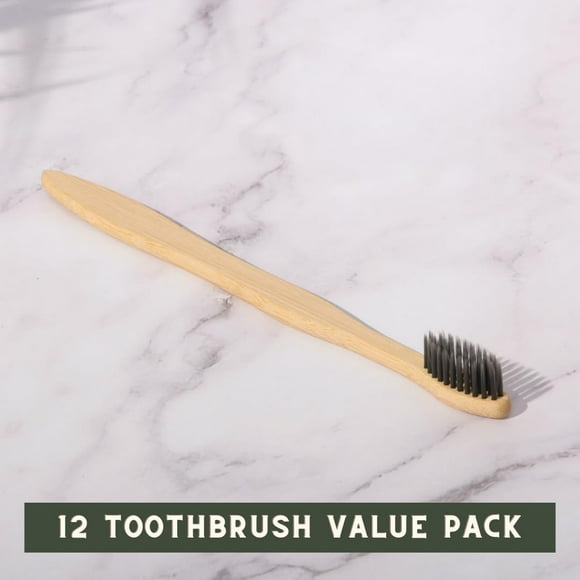 TRAHOO-Value Bundle 12 Pack of Bamboo Toothbrushes, Plastic Free Alternative to Disposable Manual Toothbrushes, Medium-Soft Bristle Firmness for Adult & Teenager Dental Hygeine