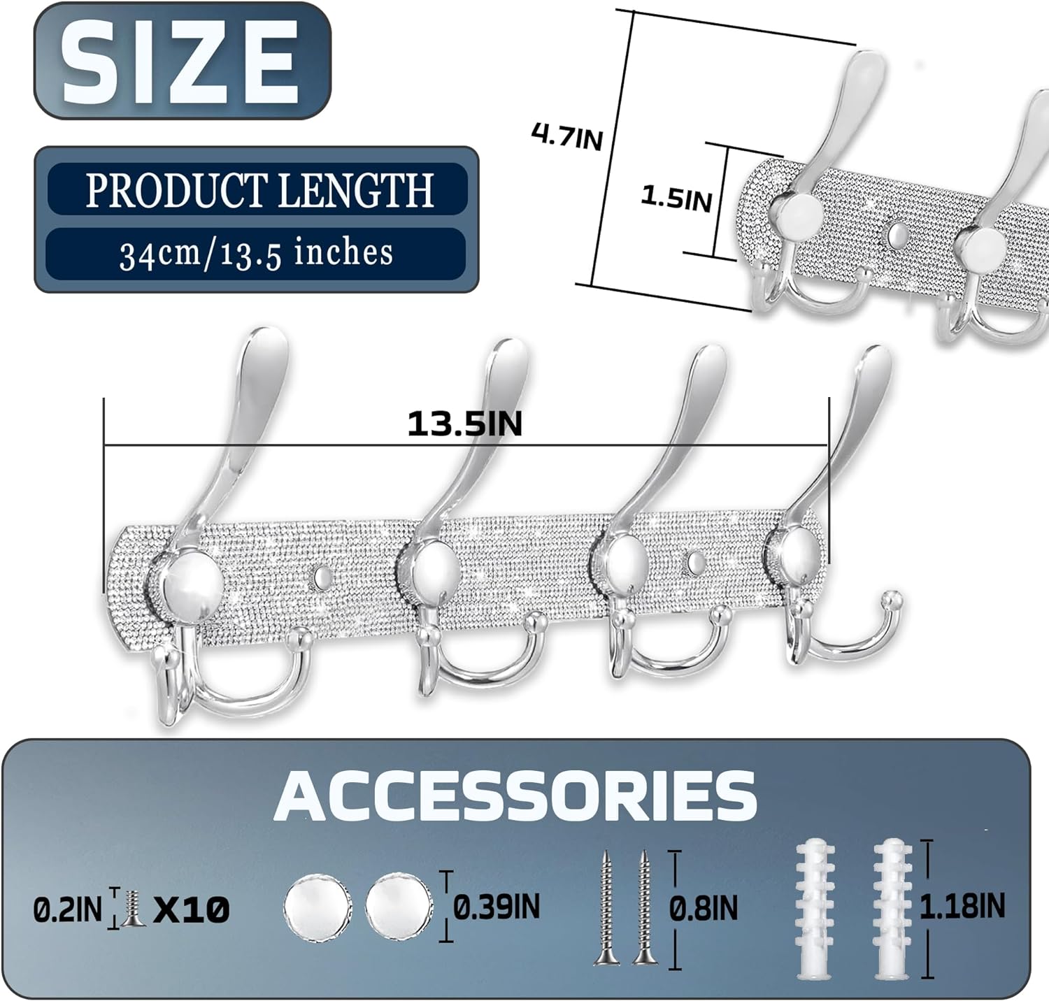 TRAHOOWall Mounted Coat Rack, Shiny Silver Rhinestones Four Heavy Duty