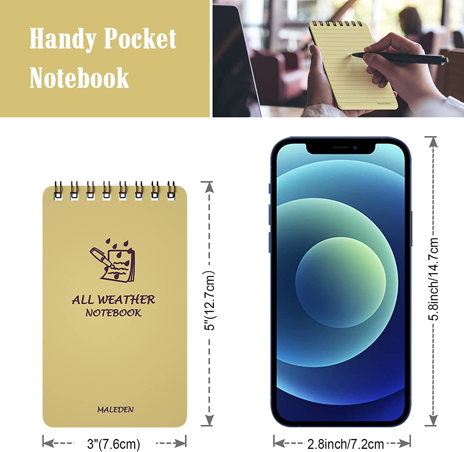 TRAHOO-Waterproof Notebook, Spiral Notebook with Thick Lined Paper, 5 Pack Top Bound Pocket Notebook, Durable Cover Notebooks for Work, Outdoor, Memo, Notes, Tactical Steno Pads, 3" x 5", Yellow