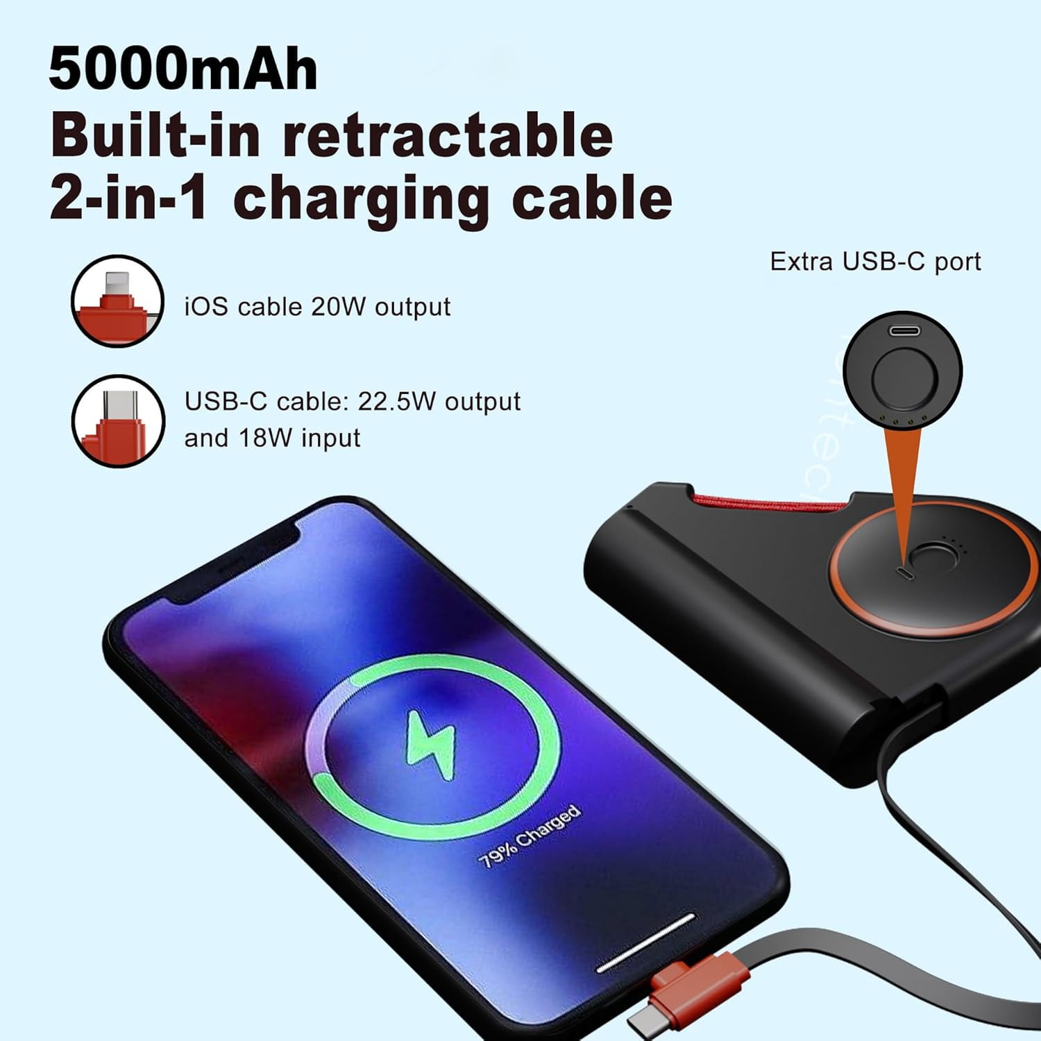 TRAHOOWearable Portable Charger with Builtin Cable, 5000mAh Power
