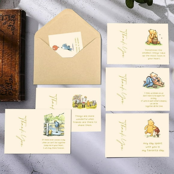 TRAHOO-Winnie Quotes Thank You Cards Baby Shower Birthday Greeting Cards with Envelopes Classic Pooh Party Decoration Supplies (16 Thank You Cards and 16 Envelopes)