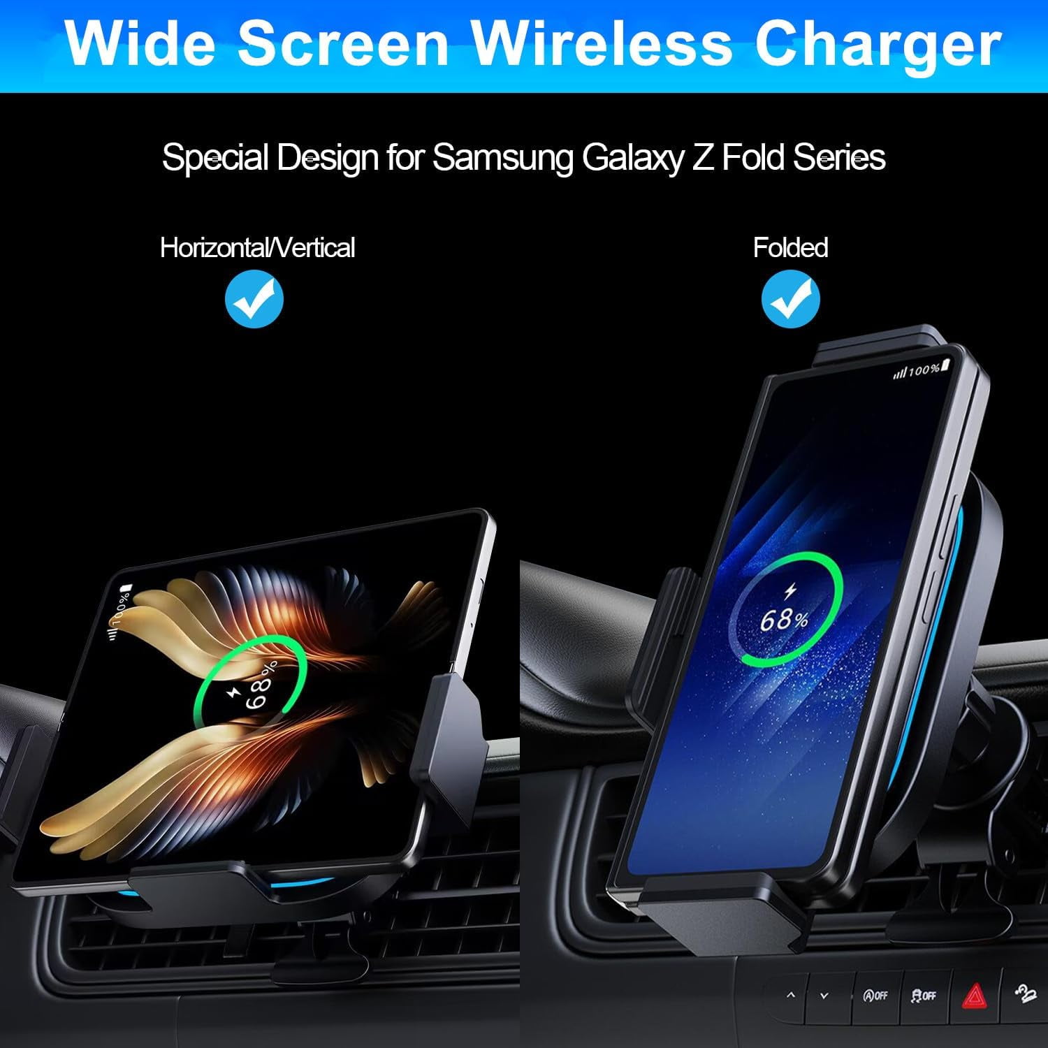 TRAHOO-Wireless Car Charger for Samsung Galaxy Z Fold 6/5/4/3, 15W Fast Charging Car Mount, Car Accessories, Air Vent Charging Car Phone Holder for Galaxy Z Fold/Note, Landscape Phone Mount for Galax