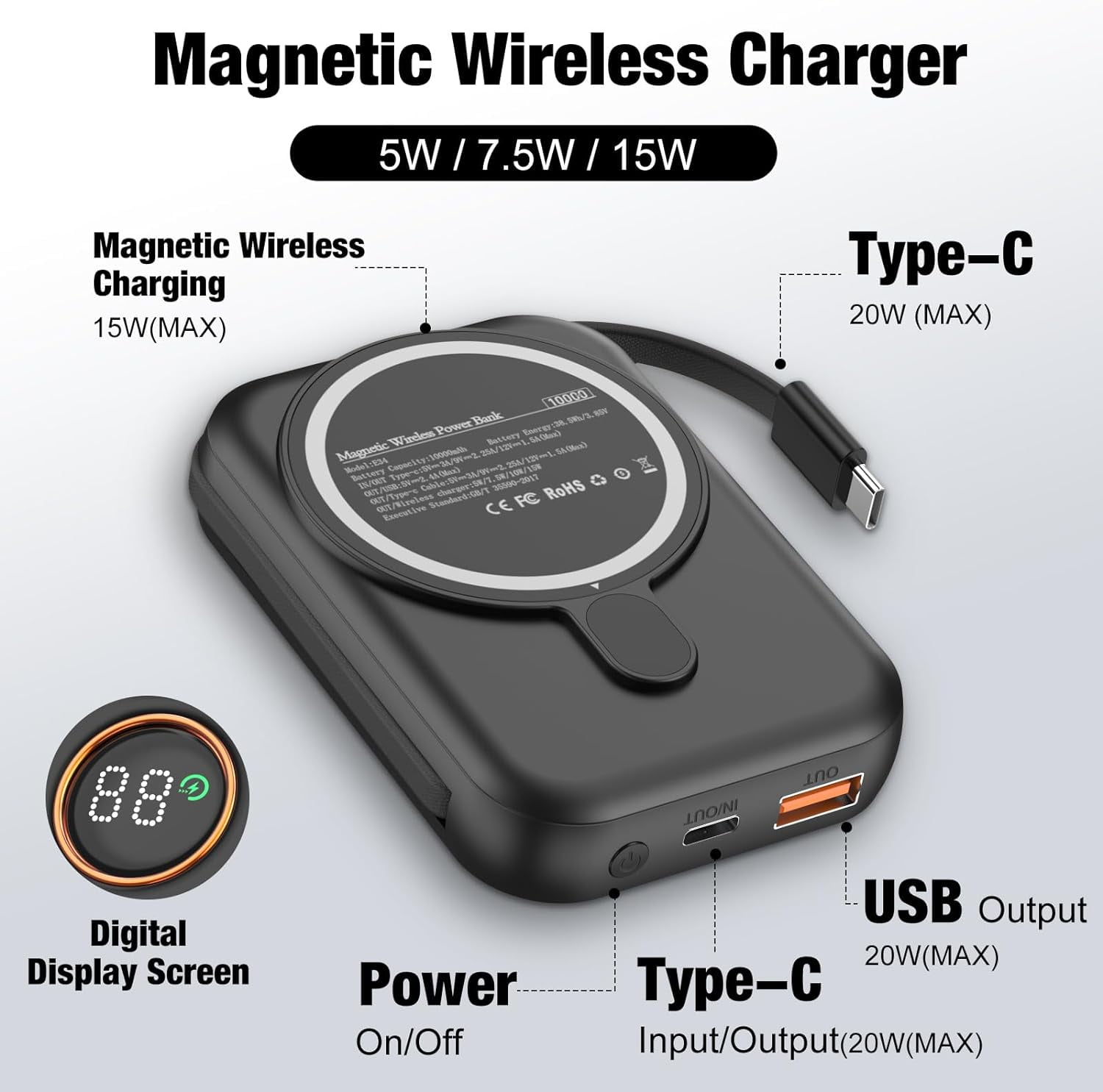 TRAHOOWireless Portable Charger, 10000mAh Power Bank PD 20W