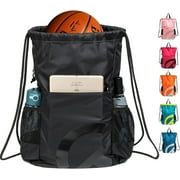 Drawstring Backpack Bag Basketball Football Volleyball Mesh Gym Sports String Drawstring Bag Waterproof for Men &Women with Smooth Zipper and Two Mesh Water Bot