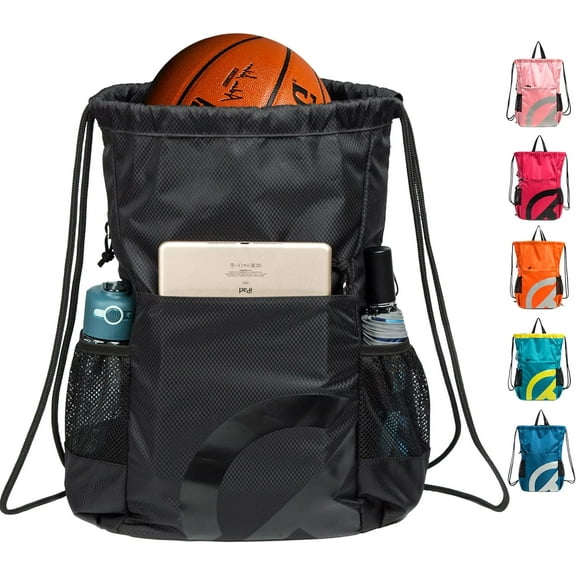 TRAILKICKER Drawstring Backpack Bag Basketball Football Volleyball Mesh Gym Sports String Drawstring Bag Waterproof for Men &Women with Smooth Zipper and Two Mesh Water Bottle Holder (Black)