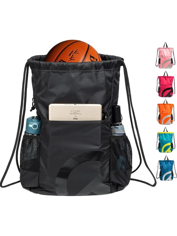 Drawstring Backpack Bag Basketball Football Volleyball Mesh Gym Sports String Drawstring Bag Waterproof for Men &Women with Smooth Zipper and Two Mesh Water Bottle Holder (Black)