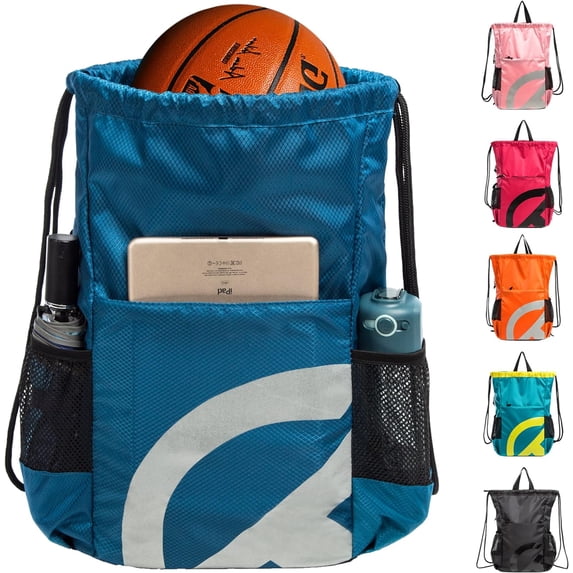 TRAILKICKER Drawstring Backpack Bag Basketball Football Volleyball Mesh Gym Sports String Drawstring Bag Waterproof for Men &Women with Smooth Zipper and Two Mesh Water Bottle Holder (Black)