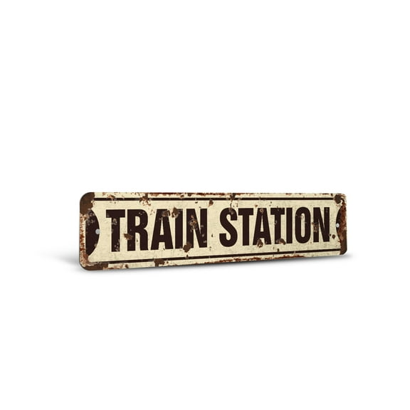 TRAIN STATION Vintage Style Rustic Street Sign – Railroad Crossing Xing RR Rail Retro Decorative Wall Sign for Home, Bar, Garage, or Outdoor Use | 4" X 18" Plastic Road Sign