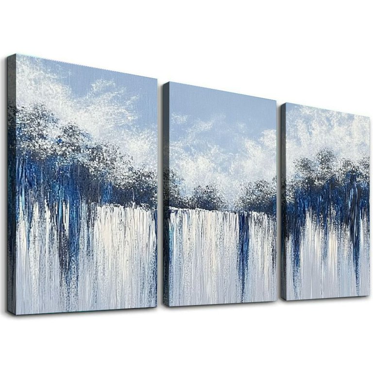Abstract Wall Art Painting - Blue Gold White Modern Canvas 20x40 Inch For Living Room Decor
