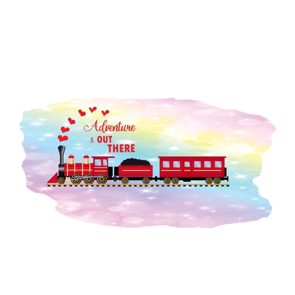 TRAINS - Adhesive Multicolored Background Train Hearts Kids Bedroom Decal Sticker Inspirational Quotes Design Adventure Is Out There Lettering Art Vinyl Home Wall Decal 40" x 20"