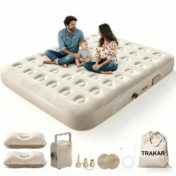 TRAKAR Air Mattress,Inflatable Airbed with Built-in Pump,2 Mins Quick Self Inflatable and Deflate,661 lbs Max, Strong Support,Flocked Top,Puncture Resistant for Camping,Home,Guests（Queen ）
