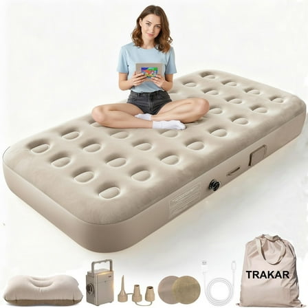 TRAKAR Air Mattress,Inflatable Airbed with Built-in Pump,2 Mins Quick Self Inflatable and Deflate,661 lbs Max, Strong Support,Flocked Top,Puncture Resistant for Camping,Home,Guests（Twin）