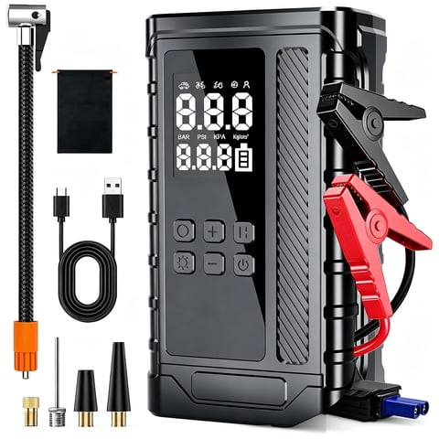 TRAKAR Jump Starter with Air Compressor,5000A Peak Car Battery Jump Starter(9.0 Gas/8.0L Diesel) 150PSI 14.8V Jump Box Car Battery Jumper Starter Portable with Jumper Cables,Power Bank,LCD Display