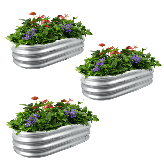 TRAMULL 3 Pack 4*2*1FT Raised Garden Bed Kits, Outdoor Oval Metal Galvanized Ground Planter Garden Boxes for Planting Plants Vegetables