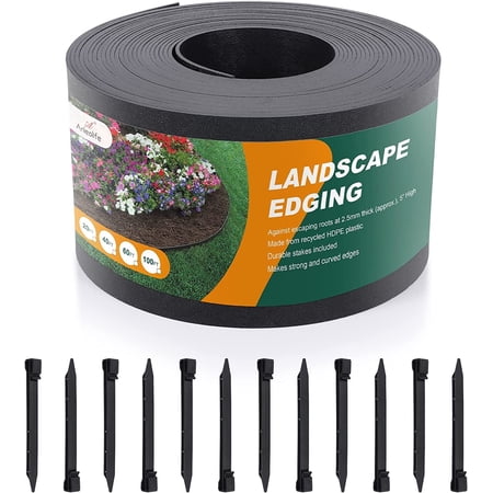 Black Plastic Garden Landscape Edging, 5” Tall Border Coil with 6 Durable Stakes, Flexible and Strengthened with Anti-UV Treatment (40ft with 12pcs Stakes)