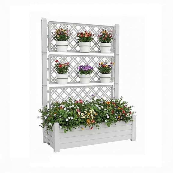 TRAMULL 59" Tall Raised Garden Bed,Outdoor Large Resin Planter Box with Trellis and Drain Plug for Climbing Plants(Ashen)
