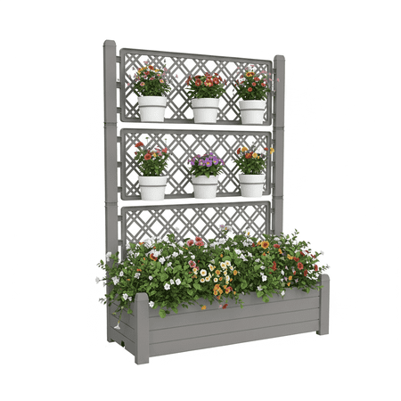 Tramull 59" Tall Raised Garden Bed,Outdoor Large Resin Planter Box with Trellis and Drain Plug for Climbing Plants(Light brown)
