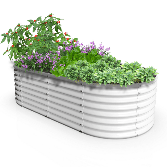 TRAMULL 8X4X2ft Galvanized Raised Garden Bed, Oval Above Ground Modular Metal Outdoor Planter Boxes(Antique White)
