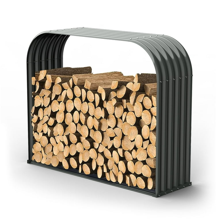 TRAMULL Galvanized Steel Firewood Storage Shed Outdoor Corrugated Metal Log Rack Heavy Duty Log holder Lumber Storage Stand Gray