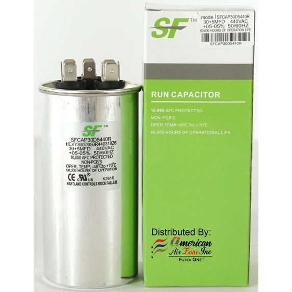 TRANE SF Dual Run Capacitor - 30 + 5 MFD µF (MicroFarad) 370/440 Volts - (1 Pack) - Dual Run Capacitor (Round) - for AC Motors, Fans or AC Compressors (Replaces other Brands Capacitors)
