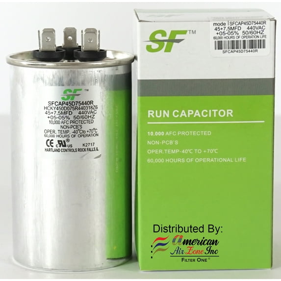 TRANE SF Dual Run Capacitor - 45 / 7.5 mfd - 370 V /440 Volts - Pack of 1 - Dual Run Capacitor - Round  - for AC Motors, Fans or AC Compressors